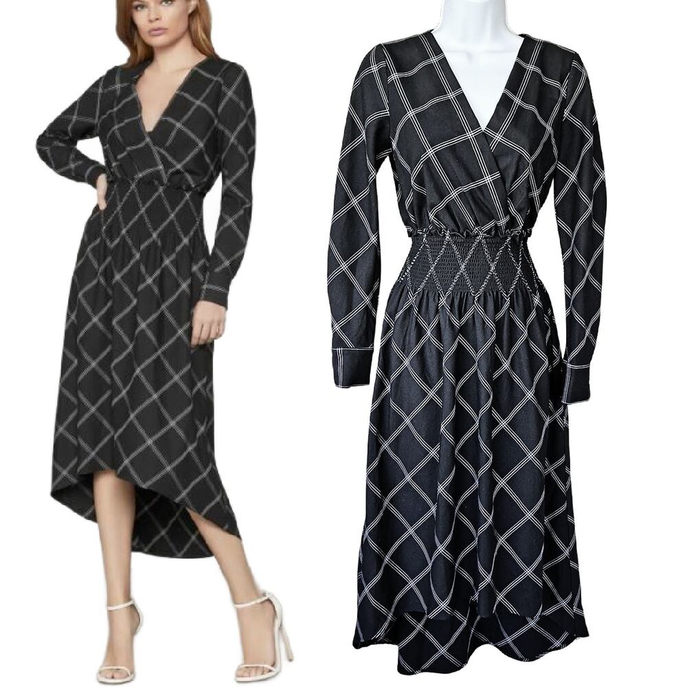 BCBG Max Azria Black Windowpane Plaid Midi Maxi Dress Size XXS Long Sleeve